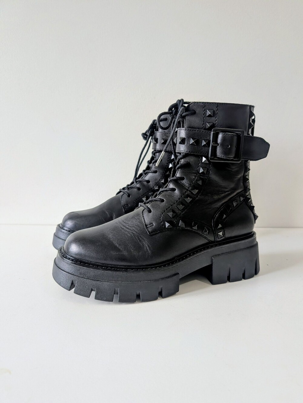 Ash Lewis Studded Black Leather Chunky Boots Size 37/7